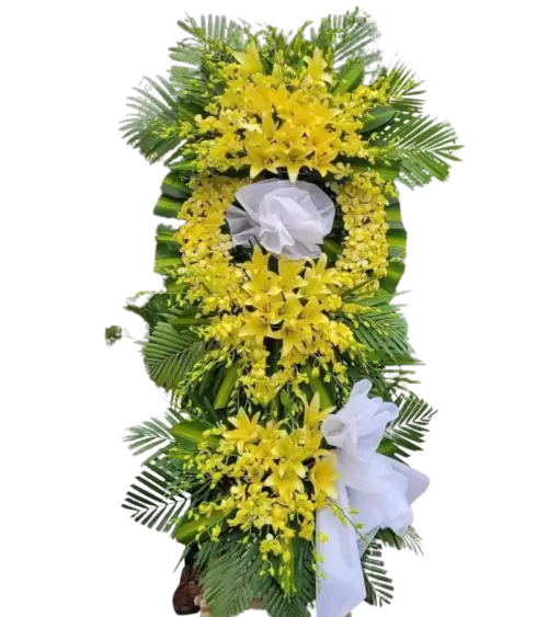 Kệ hoa tang lễ lily vàng lan vàng nơ trắng