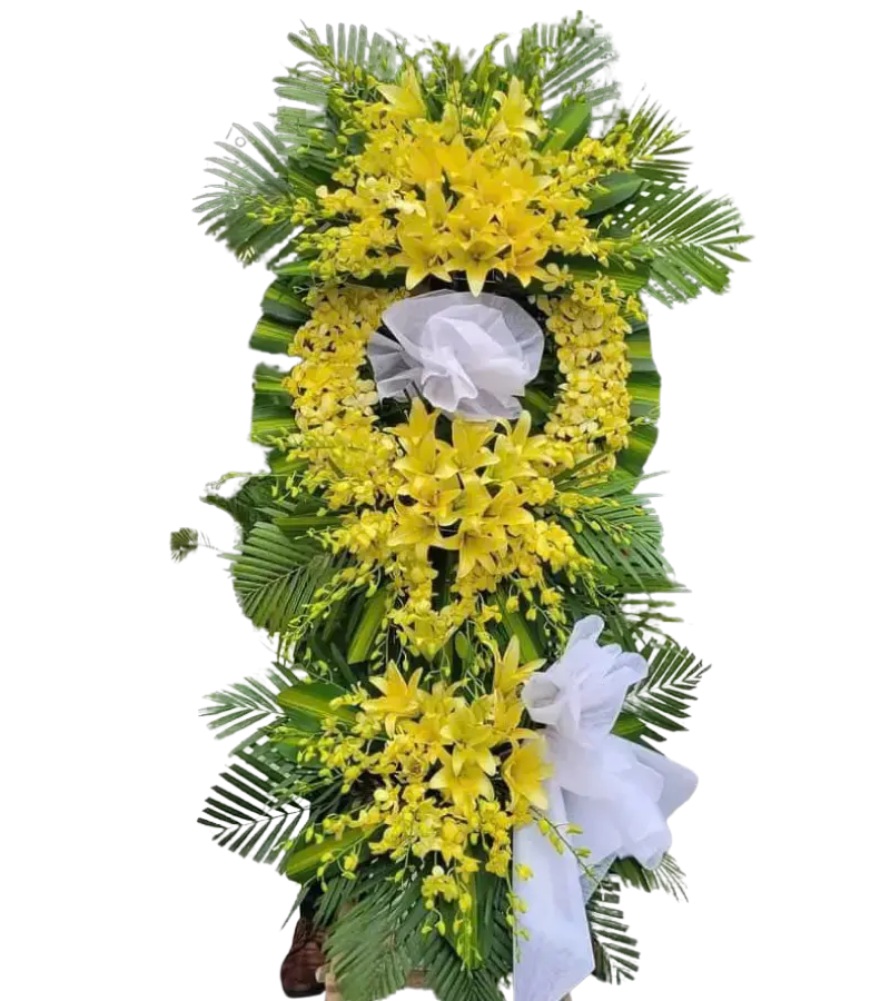 Kệ hoa tang lễ lily vàng lan vàng nơ trắng
