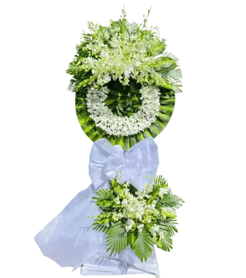 Vòng hoa chia buồn tone trắng có chân đế