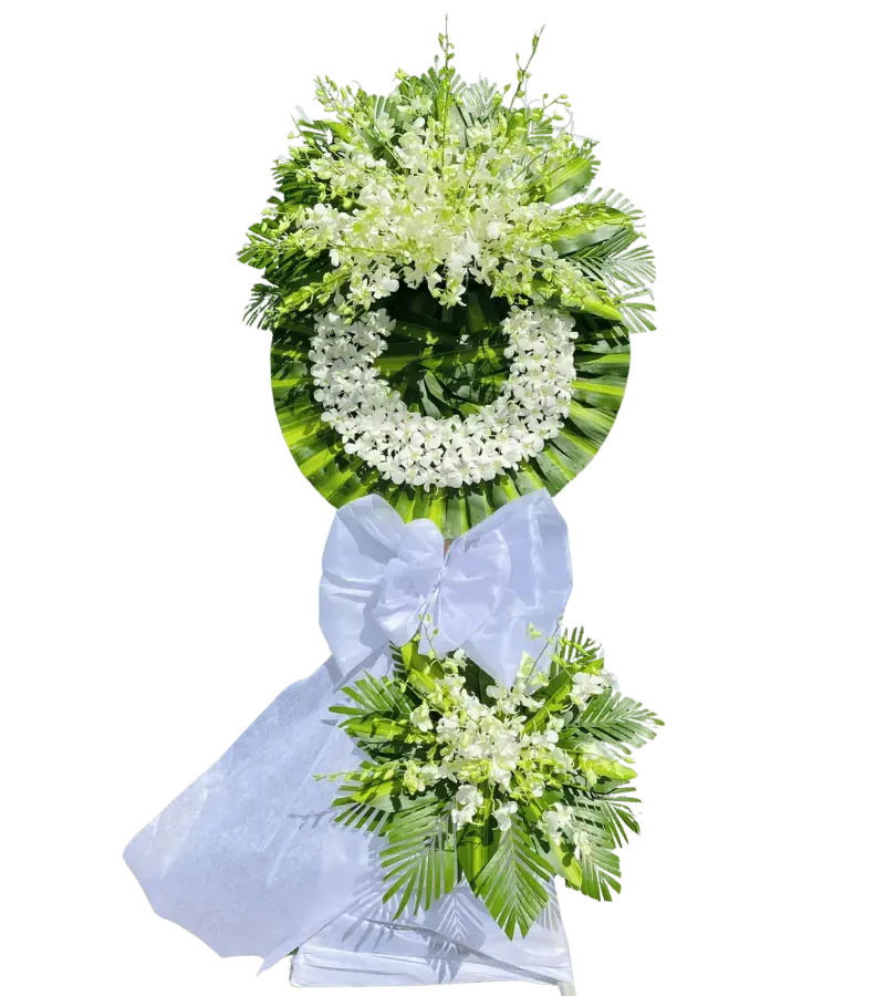 Vòng hoa chia buồn tone trắng có chân đế