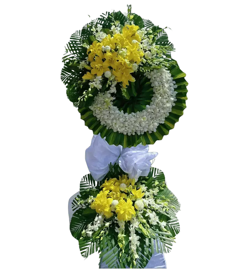 Vòng hoa chia buồn hai tầng cúc vàng trắng