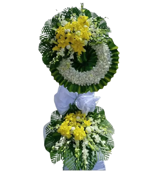 Vòng hoa chia buồn hai tầng cúc vàng trắng