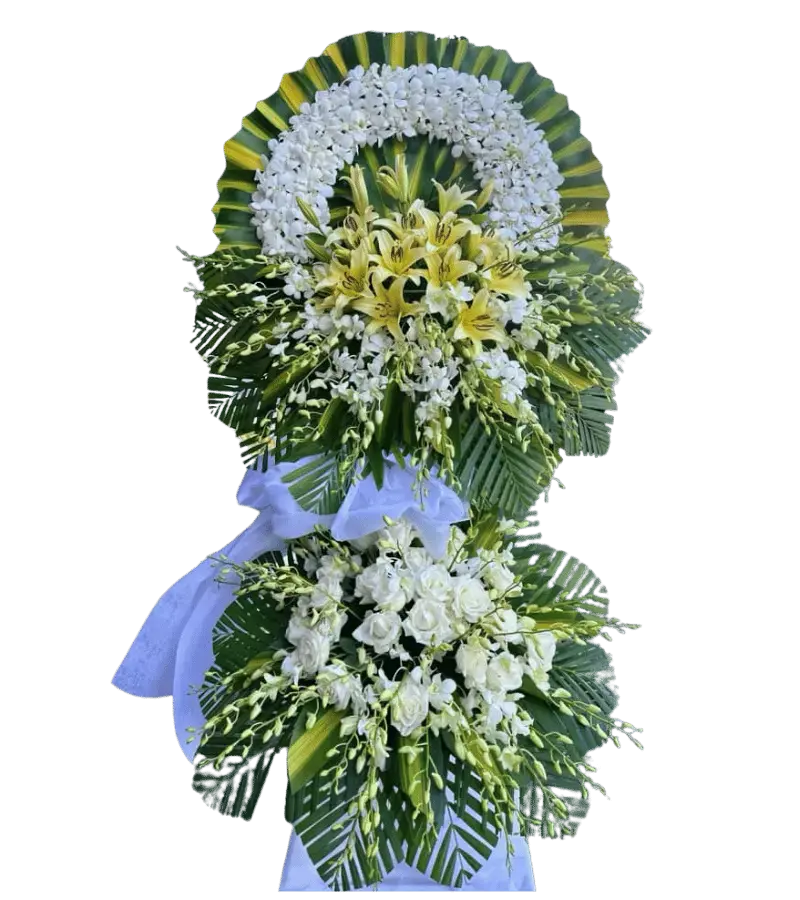 Vòng hoa chia buồn ly vàng hồng trắng hai tầng