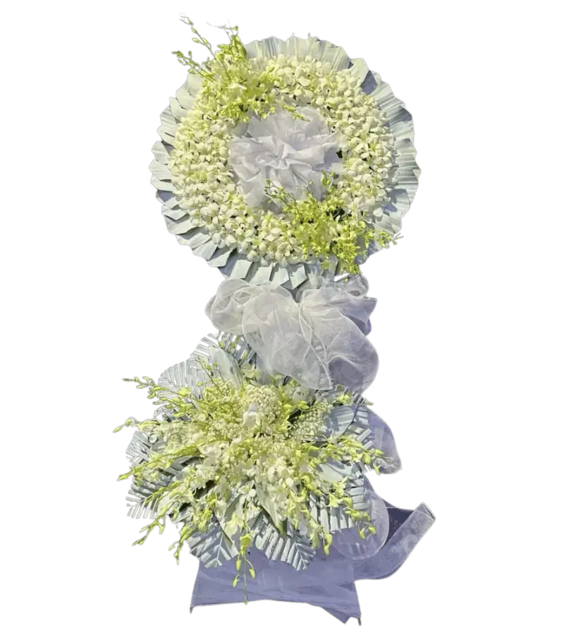Vòng hoa chia buồn tone trắng hai tầng nơ xanh nhạt