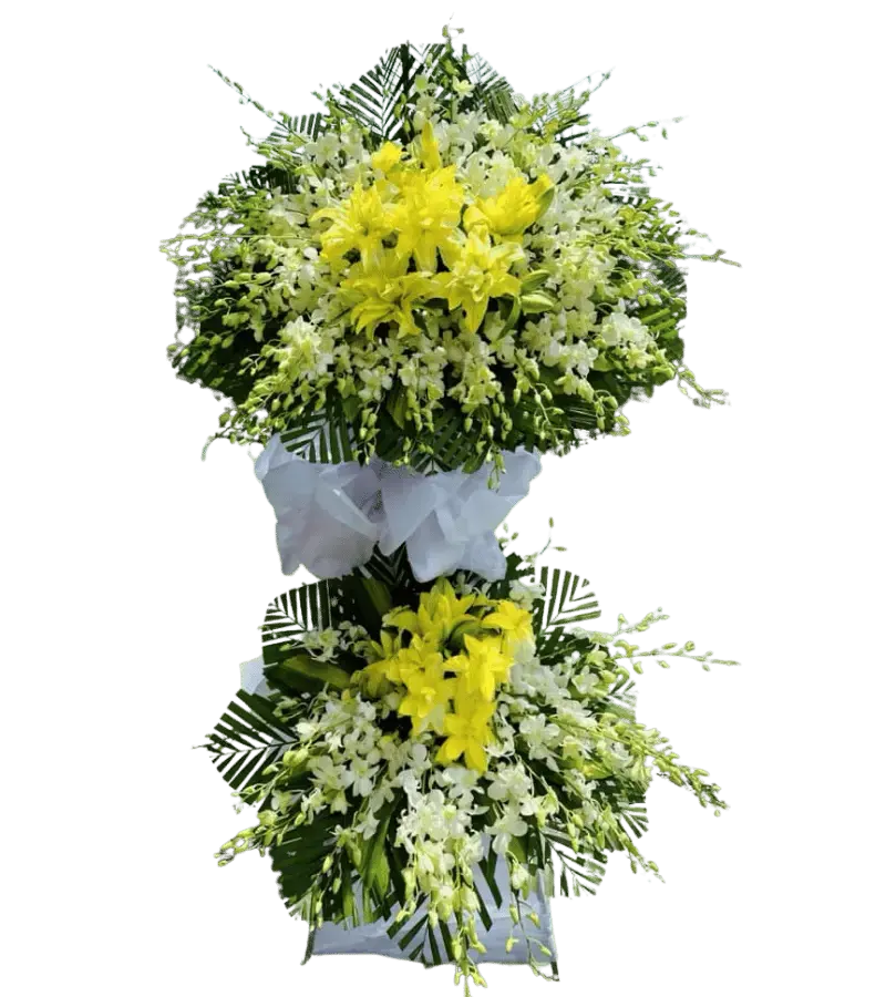 Kệ hoa chia buồn ly vàng hai tầng