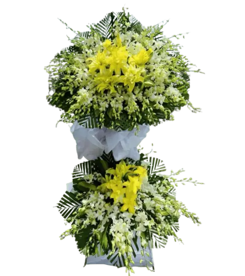 Kệ hoa chia buồn ly vàng hai tầng