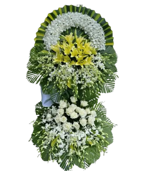 Vòng hoa chia buồn ly vàng hồng trắng