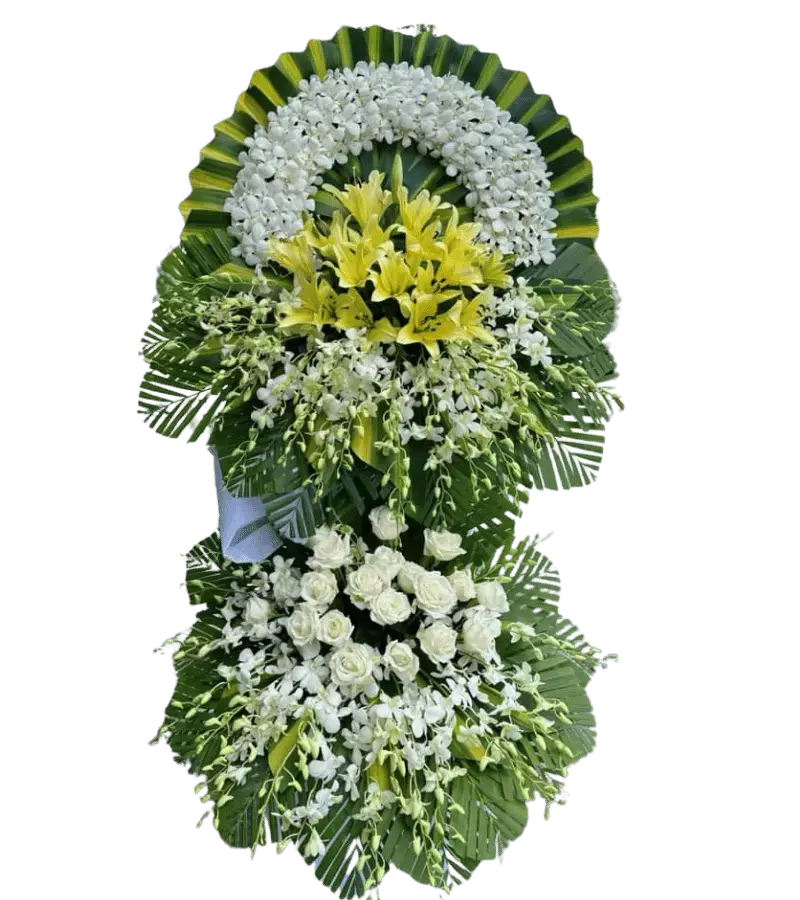 Vòng hoa chia buồn ly vàng hồng trắng