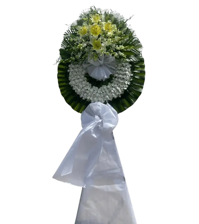 Vòng hoa chia buồn ly vàng lan trắng