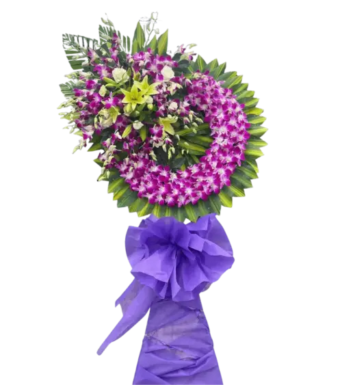 Vòng hoa chia buồn lan tím đậm nơ tím