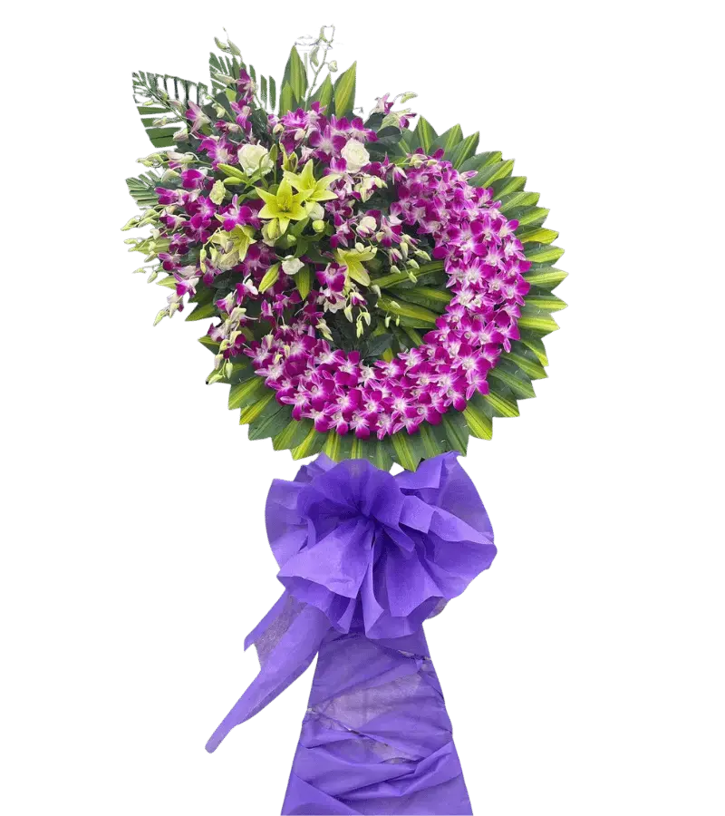 Vòng hoa chia buồn lan tím đậm nơ tím