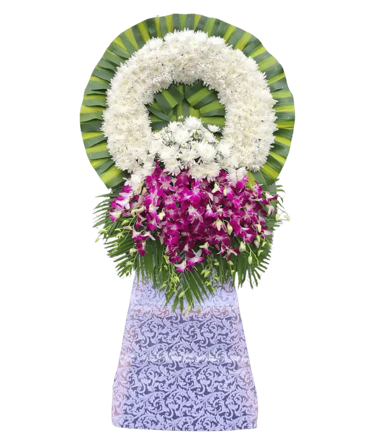 Kệ hoa chia buồn cúc trắng lan tím hoạ tiết