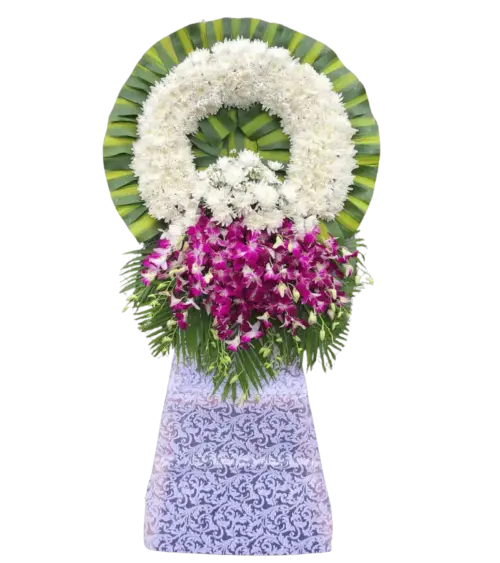 Kệ hoa chia buồn cúc trắng lan tím hoạ tiết