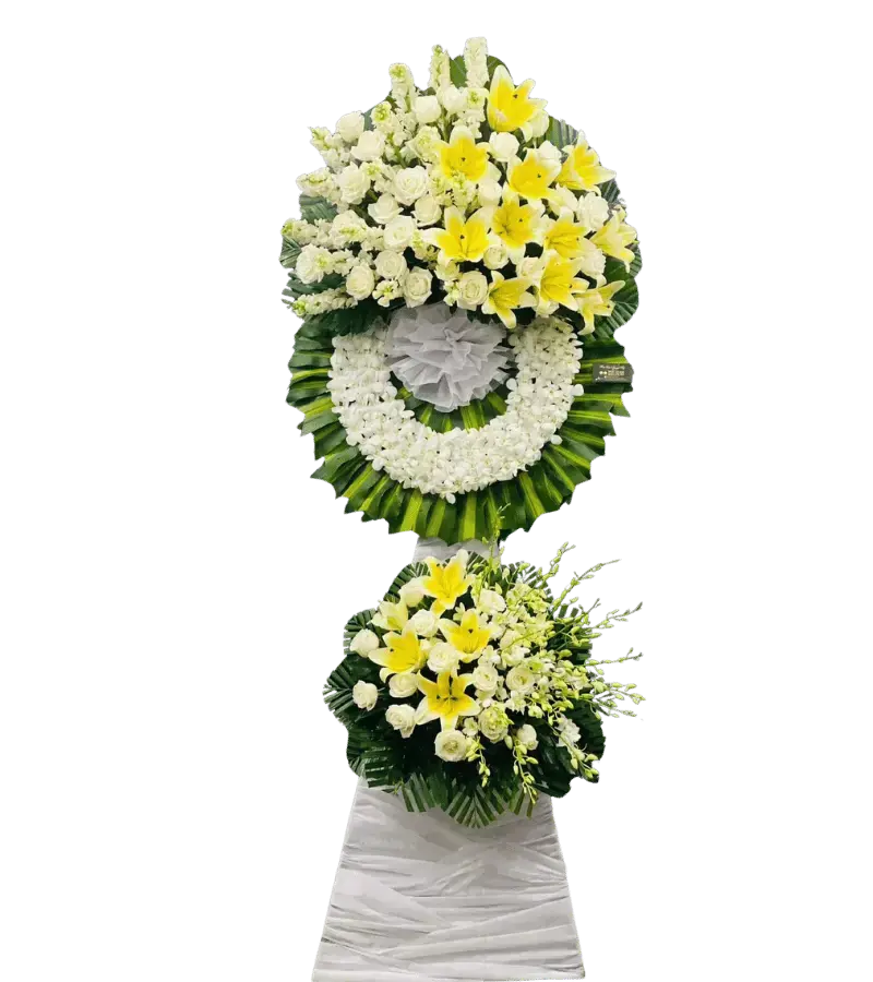 Vòng hoa chia buồn ly vàng hồng trắng hai tầng số