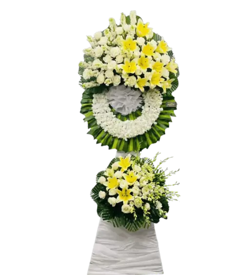 Vòng hoa chia buồn ly vàng hồng trắng hai tầng số