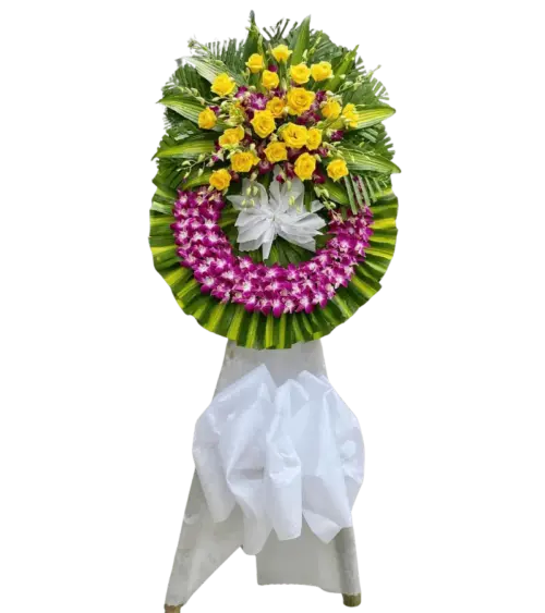 Vòng hoa chia buồn hồng vàng lan tím đậm