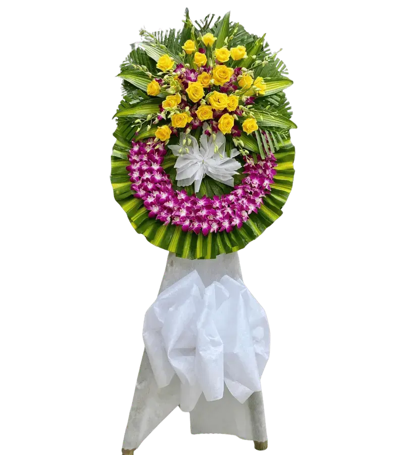 Vòng hoa chia buồn hồng vàng lan tím đậm