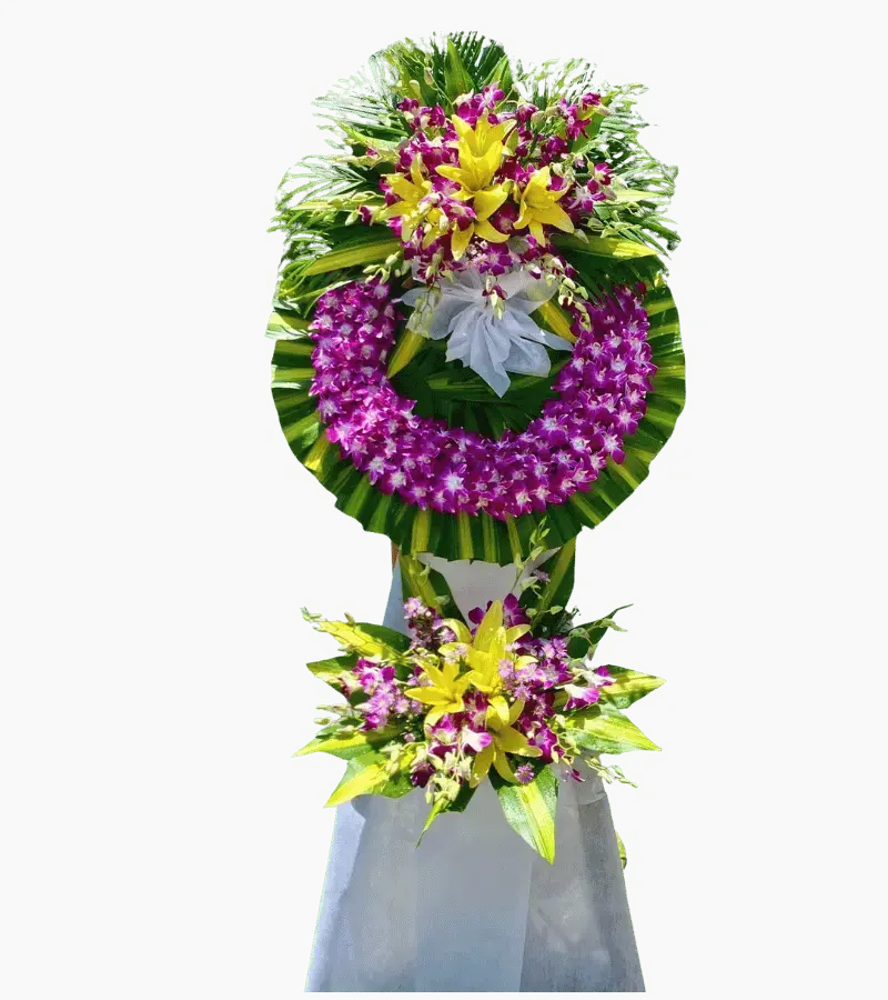 Vòng hoa chia buồn ly vàng lan tím hai tầng
