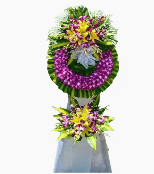 Vòng hoa chia buồn ly vàng lan tím hai tầng