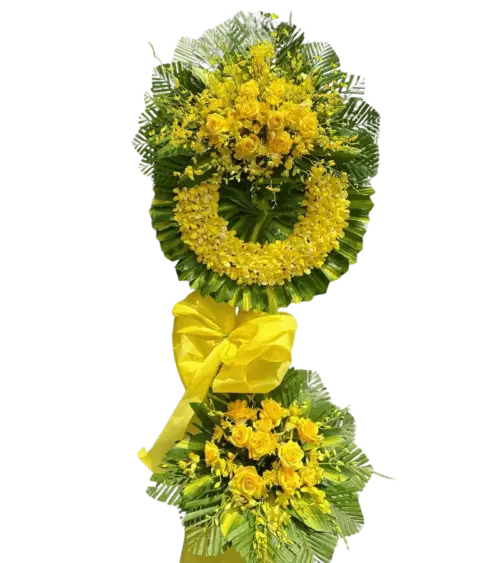 Vòng hoa chia buồn tone vàng hai tầng hồng vàng
