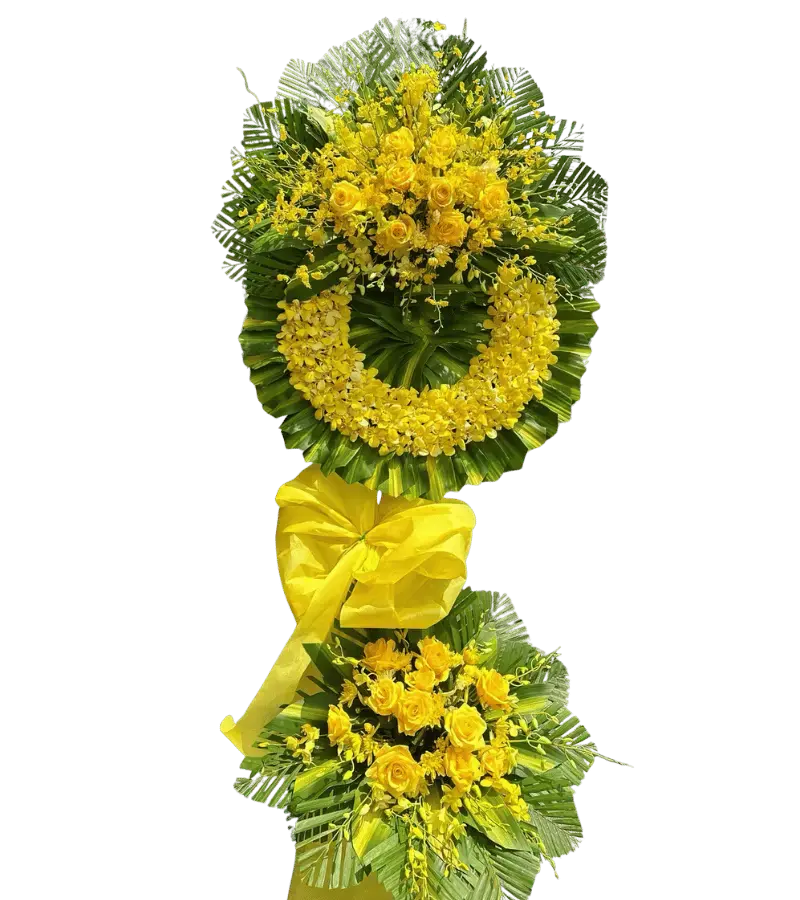 Vòng hoa chia buồn tone vàng hai tầng hồng vàng
