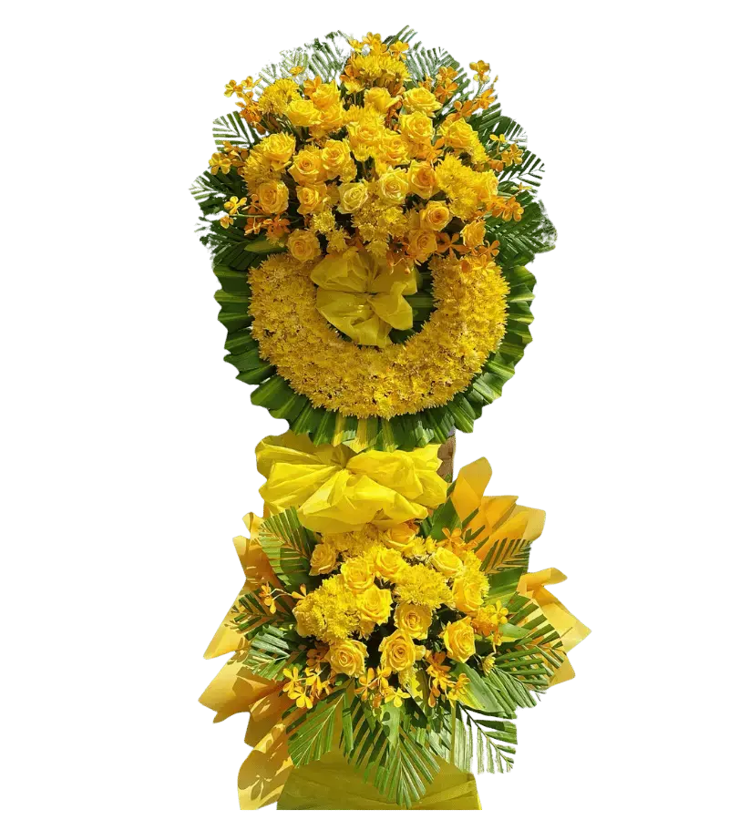 Vòng hoa chia buồn tone vàng hai tầng cúc hồng vàng