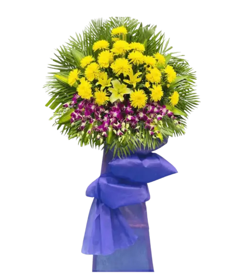 Kệ hoa chia buồn cúc vàng lan tím