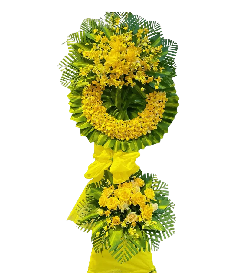 Vòng hoa chia buồn tone vàng hai tầng hoa hồng vàng