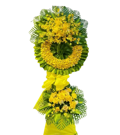 Vòng hoa chia buồn tone vàng hai tầng hoa hồng vàng