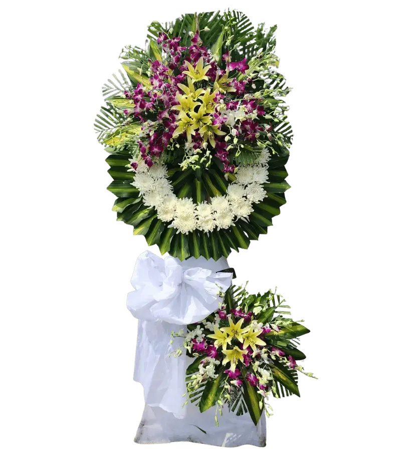 Vòng hoa chia buồn ly vàng lan tím cúc trắng