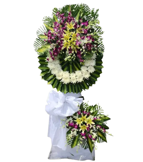 Vòng hoa chia buồn ly vàng lan tím cúc trắng