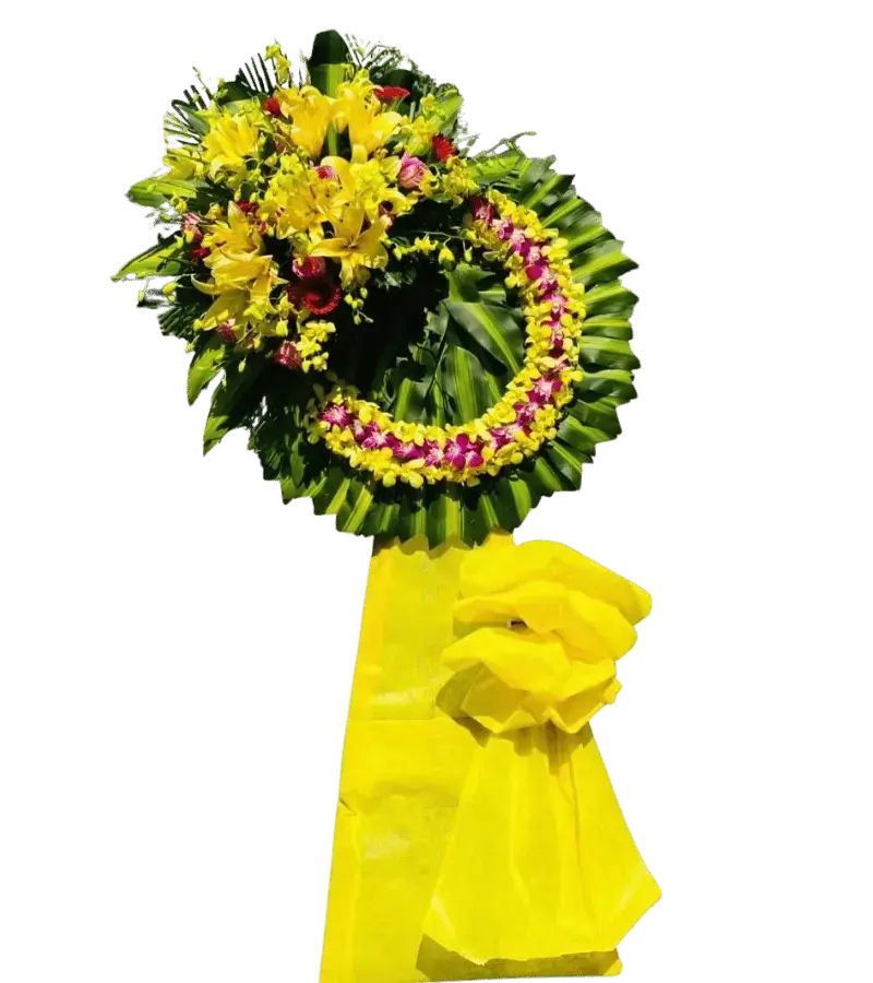 Vòng hoa chia buồn ly vàng lan hồng cẩm chướng đỏ