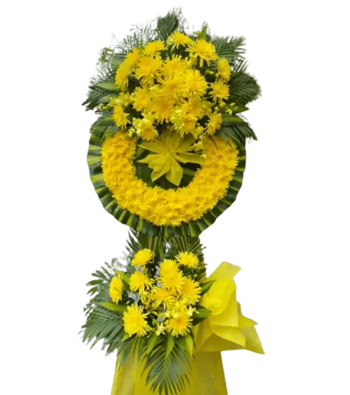 Vòng hoa chia buồn cúc vàng hai tầng nơ vàng
