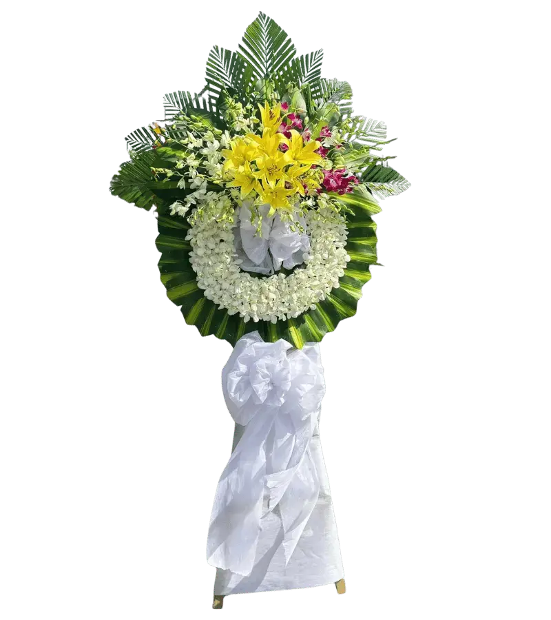 Vòng hoa chia buồn ly vàng lan tím hồng cúc trắng
