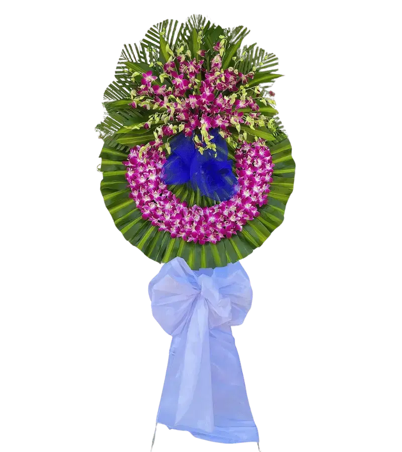Vòng hoa chia buồn lan tím đậm nơ xanh dương