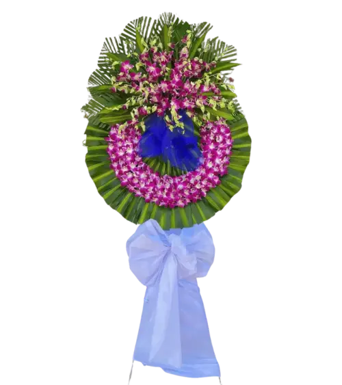 Vòng hoa chia buồn lan tím đậm nơ xanh dương