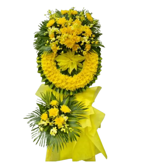 Vòng hoa chia buồn tone vàng hai tầng nơ vàng
