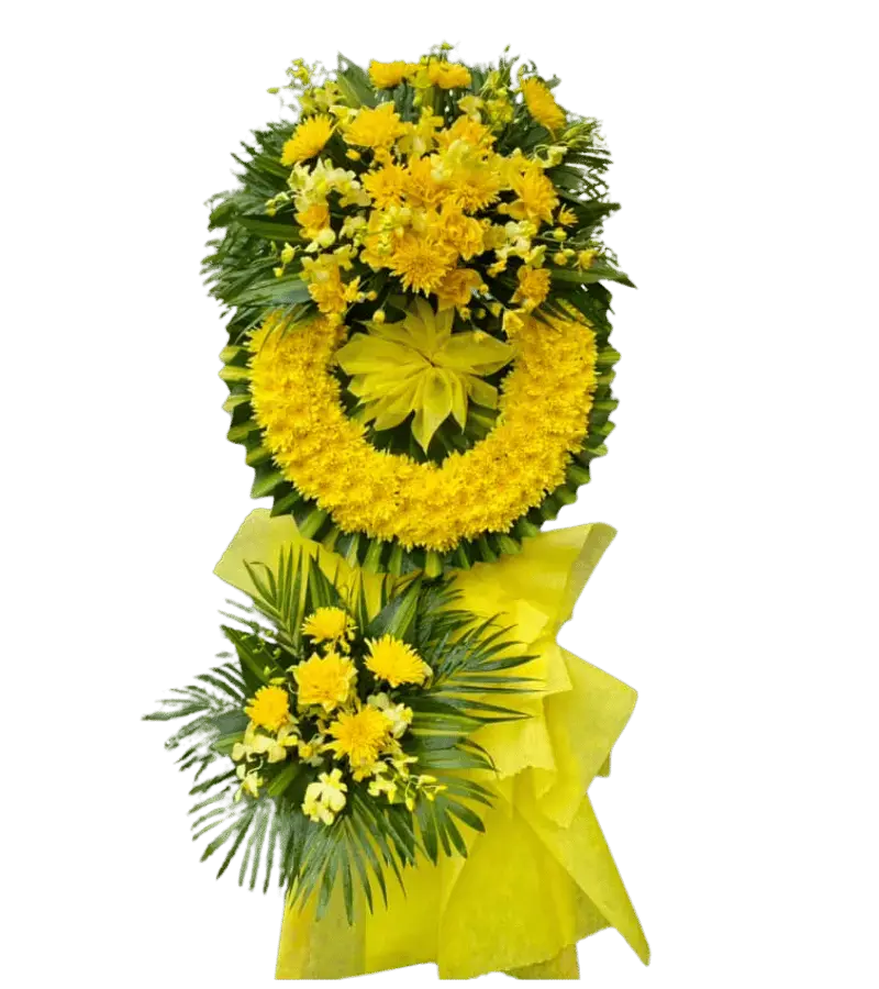 Vòng hoa chia buồn tone vàng hai tầng nơ vàng