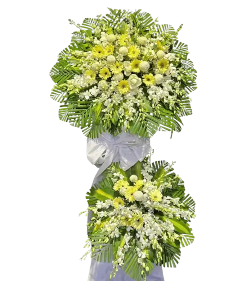 Kệ hoa chia buồn đồng tiền vàng lan trắng