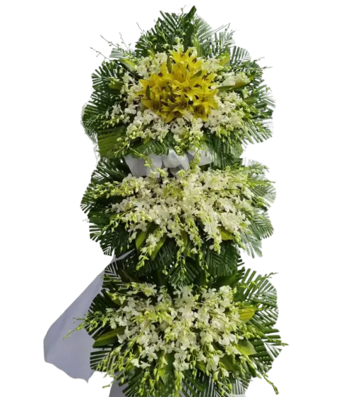 Kệ hoa chia buồn ly vàng lan trắng ba tầng