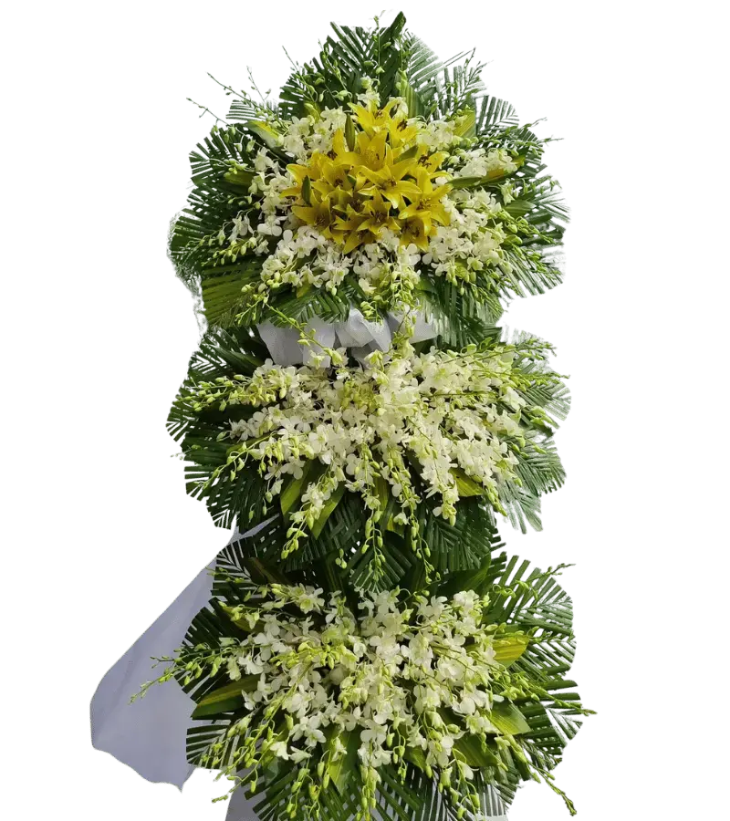 Kệ hoa chia buồn ly vàng lan trắng ba tầng