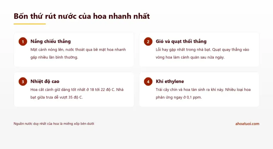 Bảng bốn nguyên nhân làm hoa trên vòng mất nước gồm nắng chiếu thẳng, gió quạt, nhiệt độ cao và khí ethylene