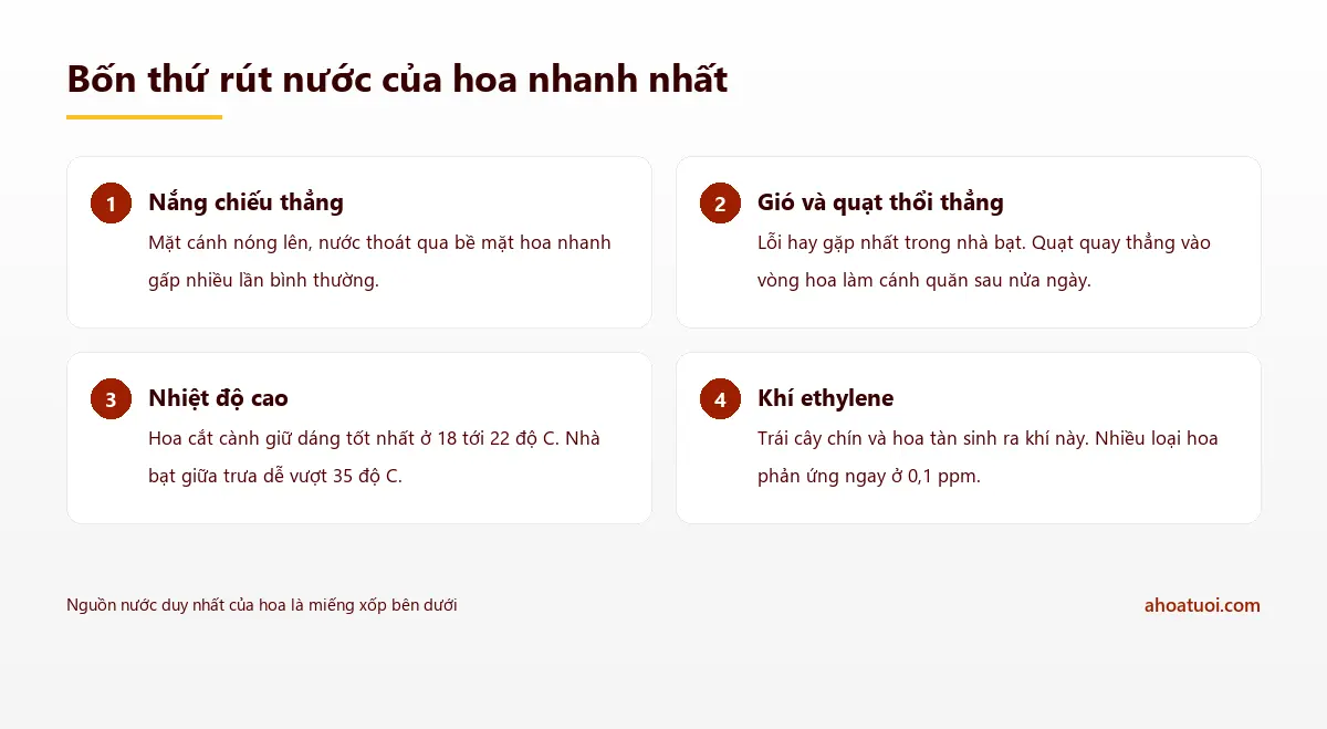Bảng bốn nguyên nhân làm hoa trên vòng mất nước gồm nắng chiếu thẳng, gió quạt, nhiệt độ cao và khí ethylene