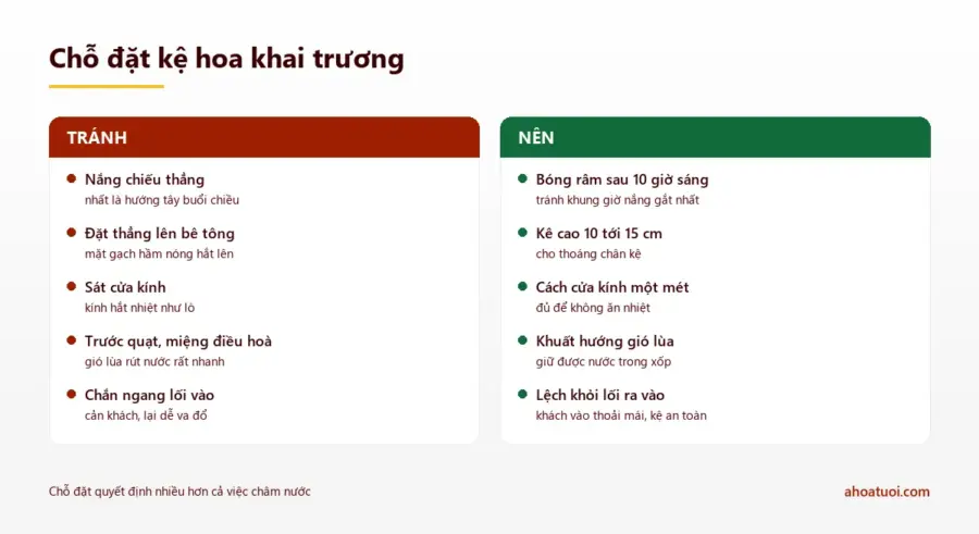 Hai cột so sánh chỗ đặt kệ hoa khai trương: tránh nắng chiếu thẳng, đặt thẳng lên bê tông, sát cửa kính, trước quạt và chắn lối vào; nên đặt chỗ râm, kê cao 10 tới 15 phân, cách cửa kính một mét