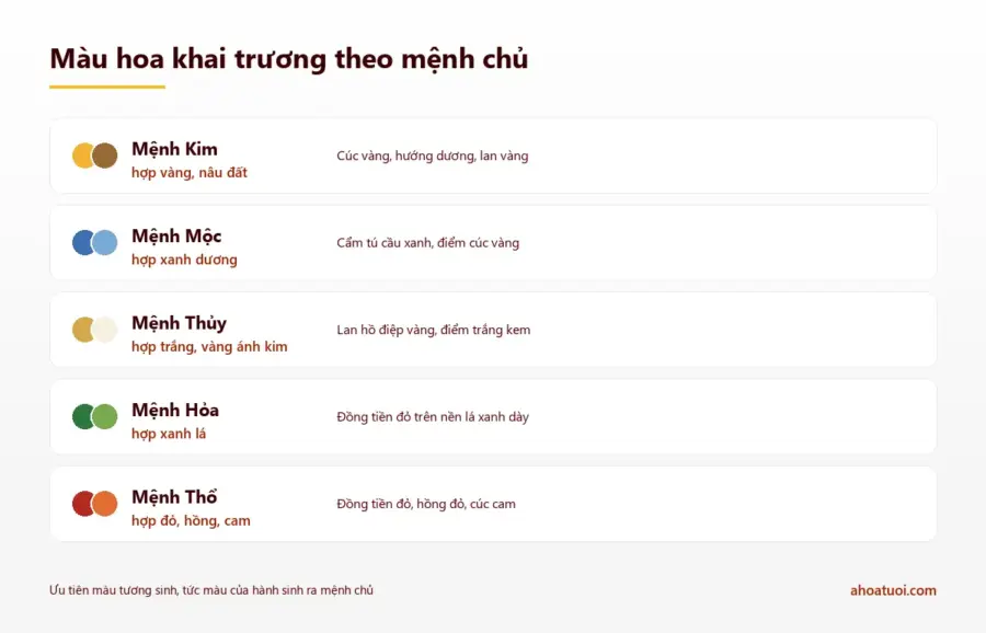 Bảng màu hoa khai trương theo ngũ hành: mệnh Kim hợp vàng và nâu, mệnh Mộc hợp xanh dương, mệnh Thủy hợp trắng và vàng ánh kim, mệnh Hỏa hợp xanh lá, mệnh Thổ hợp đỏ hồng cam