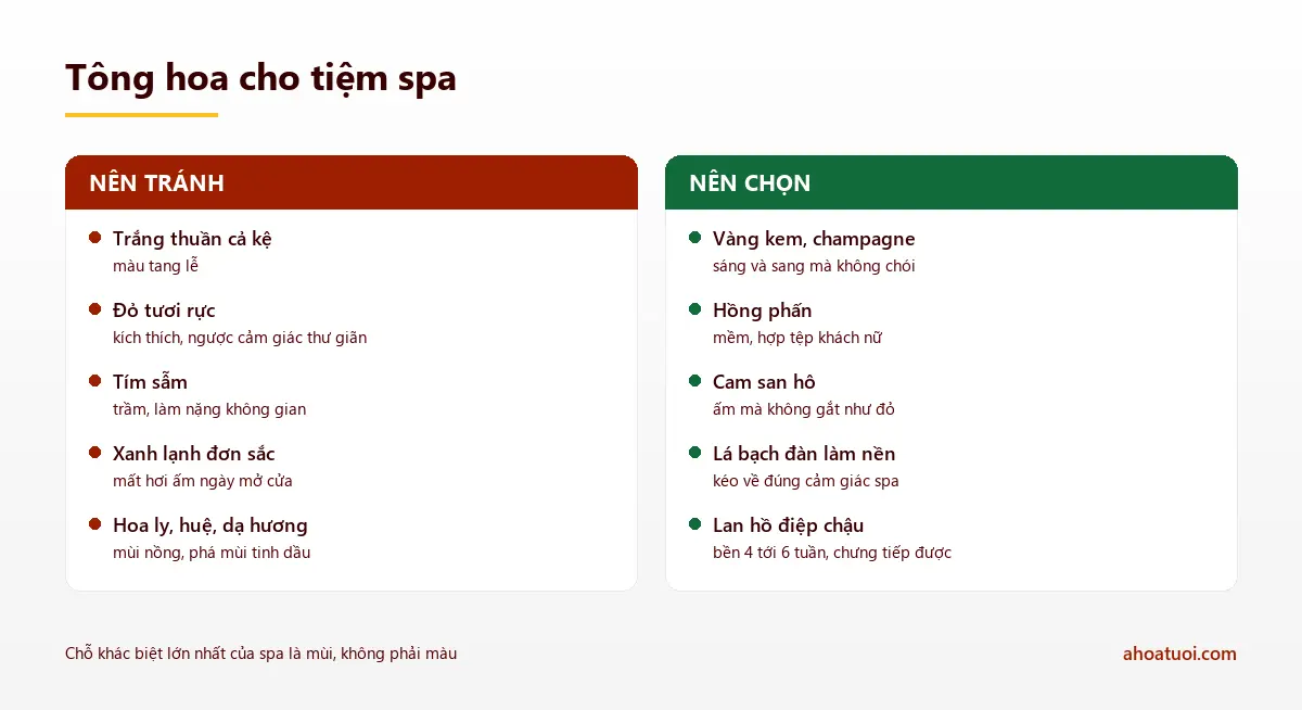 Hai cột so sánh: nên tránh trắng thuần, đỏ tươi rực, tím sẫm, xanh lạnh đơn sắc và hoa nặng mùi; nên chọn vàng kem, hồng phấn, cam san hô, lá bạch đàn làm nền và lan hồ điệp chậu
